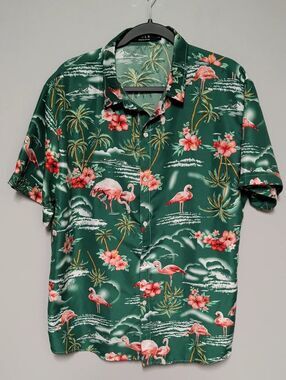 Men's Green Flamingo Print Short-Sleeve Button-Down Shirt